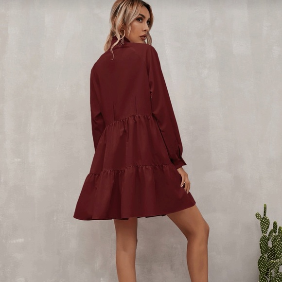 Neck Smock Burgundy Long Sleeve Dress - Picture 4 of 7